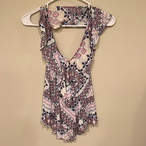Geometric/ abstract purple and pink express ruffle halter top